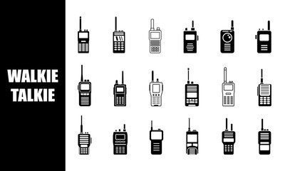 black and white walkie talkie icons. communication device illustrations vary in design and style.