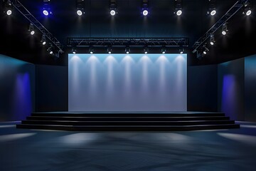 Empty stage Design for mockup and Corporate identity,Display.Platform elements in hall.Blank screen system for Graphic Resources.Scene event led night light staging.3d Background for online.3 render. 