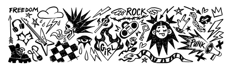 Doodle graffiti in punk style set. Scribble sketches of skulls, flame, eye, skeleton. Grunge tattoos with rock signs, design elements. Hand drawn isolated vector illustrations on white background © Paper Trident