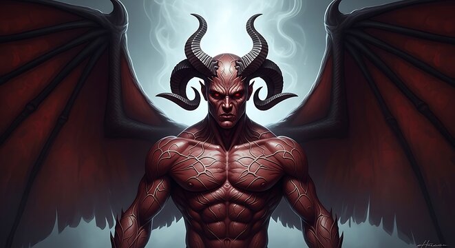 Powerful Demon Figure with Wings and Horns.