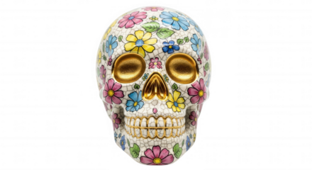 Colorful sugar skull decorated with flowers isolated on transparent background
