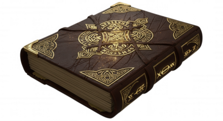 Old leatherbound book with ornate gold decoration isolated on transparent background