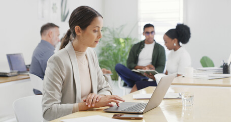 Review, office or businesswoman with laptop for copywriting, news or research project. Startup,...