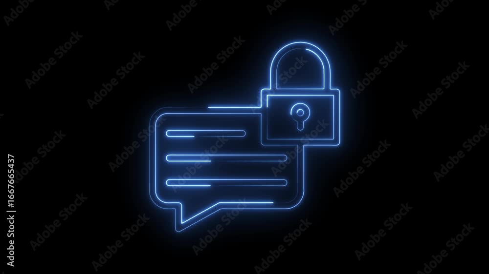 Poster glowing blue neon chat bubble icon with padlock symbol representing secure messaging encrypted