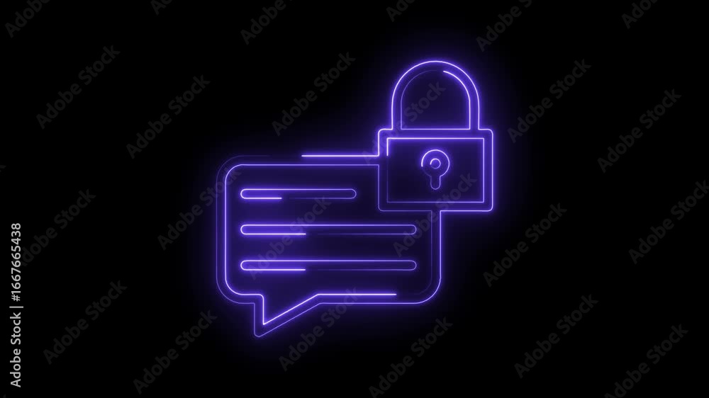 Poster glowing purple neon chat bubble icon with padlock symbol representing secure messaging private