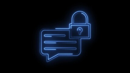 Glowing blue neon chat bubble icon with padlock symbol representing secure messaging encrypted