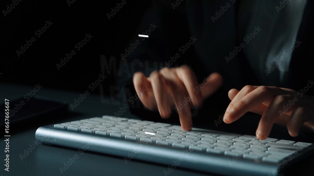 Aufkleber close-up view of hands typing on a modern keyboard in a dark environment with focus on machine learn