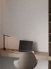 Modern Minimalist Home Office Interior with Wooden Desk. Modern Chair and Frame Poster Mockup 
