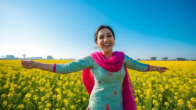 Indian woman joyful in mustard field, spinning with arms wide, celebrating freedom, spring harvest, rural travel adventure, Bollywood inspiration, positive emotion, cultural promotion.