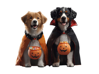 Two dogs in Halloween costumes on a dark background isolated on a transparent background