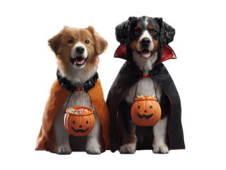 Two dogs in Halloween costumes on a dark background isolated on a transparent background