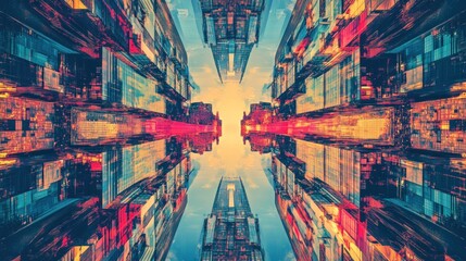 Abstract Cityscape with Mirrored Buildings and Vibrant Colors