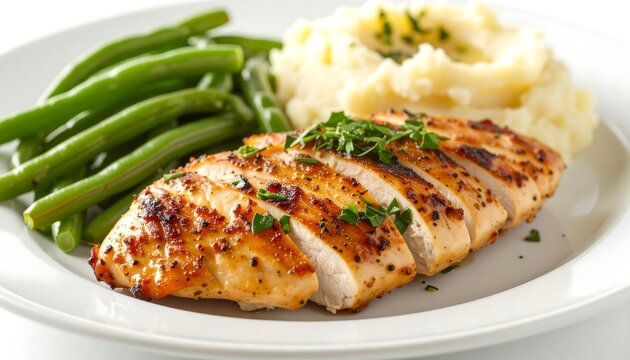 Sliced grilled chicken breast with mashed potatoes and green beans