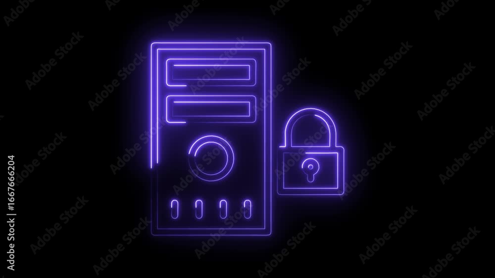 Poster glowing neon server icon with padlock symbol secure data protection technology concept futuristic