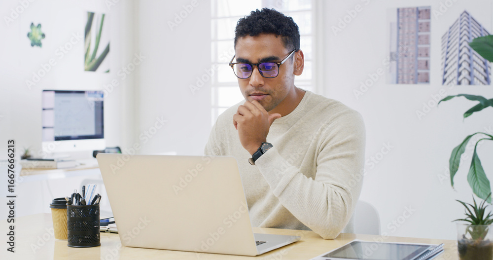Poster laptop, thinking and reading with business man in office for project checklist, event manager and re