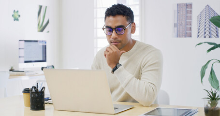 Laptop, thinking and reading with business man in office for project checklist, event manager and...