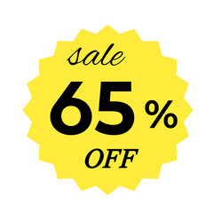 Yellow sale tag with 65 percent discount offer badge on black background, promotional marketing label, special price sticker, clearance sale banner, discount shopping sign, retail store promotion