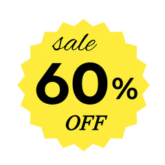 Yellow sale tag with 60 percent discount offer badge on black background, promotional marketing label, special price sticker, clearance sale banner, discount shopping sign, retail store promotion