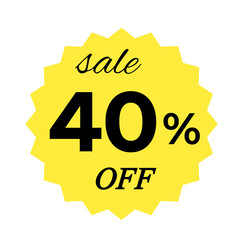Yellow sale tag with 40 percent discount offer badge on black background, promotional marketing label, special price sticker, clearance sale banner, discount shopping sign, retail store promotion