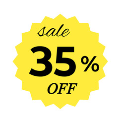 Yellow sale tag with 35 percent discount offer badge on black background, promotional marketing label, special price sticker, clearance sale banner, discount shopping sign, retail store promotion