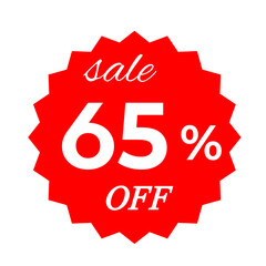 Red sale tag with 65 percent discount offer badge on black background, promotional marketing label, special price sticker, clearance sale banner, discount shopping sign, retail store promotion