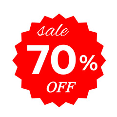 Red sale tag with 70 percent discount offer badge on black background, promotional marketing label, special price sticker, clearance sale banner, discount shopping sign, retail store promotion
