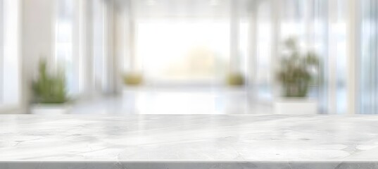 Fototapeta premium Empty white marble stone table top and blur glass window interior restaurant banner mock up abstract background - can used for display or montage your products