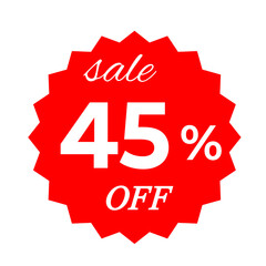 Red sale tag with 45 percent discount offer badge on black background, promotional marketing label, special price sticker, clearance sale banner, discount shopping sign, retail store promotion