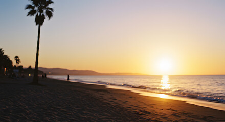 Stunning beach sunset with palm tree silhouette, golden hour over the ocean, serene coastal vibes
