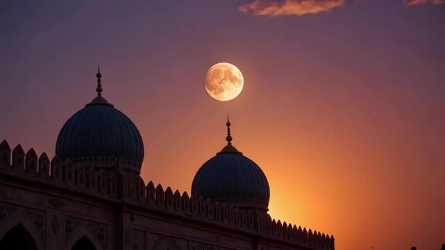 Ethereal lunar eclipse over mosque domes at sunset creates serene, spiritual ambience