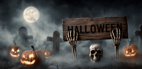 a wooden sign with an eerie skull and skeleton hands holding it, set against the backdrop of halloween pumpkins, cracked tombstones in a misty graveyard