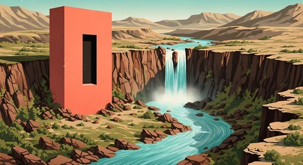 Desert Waterfall Landscape with Red Structure.