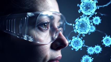 Woman wearing protective eyewear with virus particles floating in the air around her face - Powered by Adobe