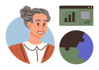 Elderly woman smiling beside a graph-filled screen and a puzzle piece. Ideal for wisdom, analytics, problem-solving, education, teamwork, strategy, senior expertise. Simple flat metaphor