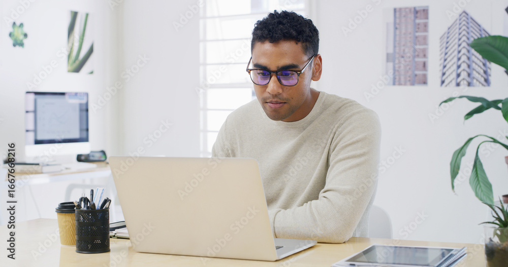 Poster laptop, glasses and reading with business man in office for project checklist, event manager and res