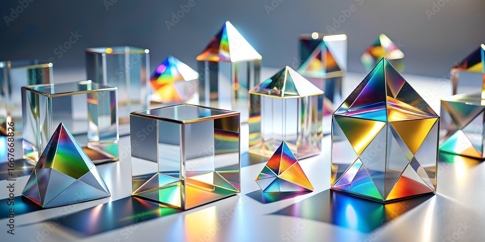 Aufkleber an array of glass prisms and geometric shapes refract light, creating a spectrum of colors, isolated