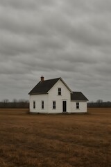 Isolated Farmhouse in Field A Rural Landscape with a Simple House and Cloudy Sky