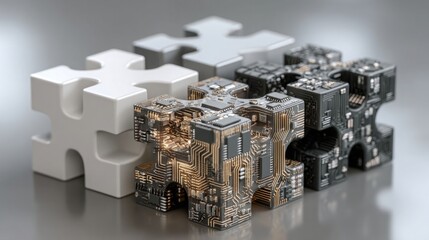 Stylized tech puzzle pieces fitting together with microchip patterns and wire connections representing system integration or modular software architecture illustration