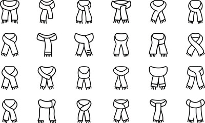 Collection of black and white outline icons of scarves in various styles scarf fashion
