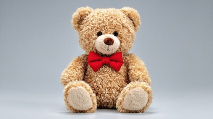 Fototapeta premium Soft, light brown teddy bear with a red bow tie sitting against a plain backdrop