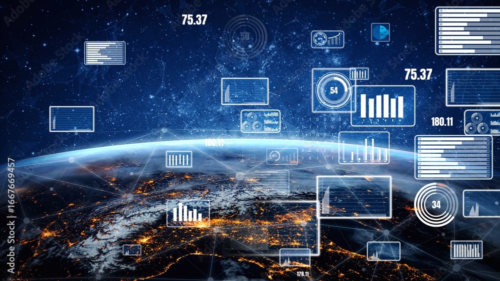 Poster a stunning depiction of a futuristic digital data interface overlaying earth, showcasing various gra