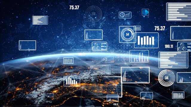 A stunning depiction of a futuristic digital data interface overlaying Earth, showcasing various graphs and statistics to illustrate global data trends and analytics. Xenic