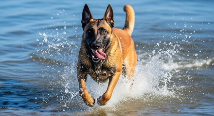 Energetic belgian malinois dog splashing through water