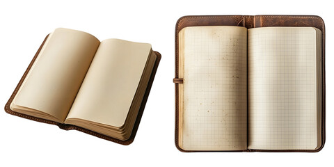Open blank notebook with a brown cover, featuring empty pages isolated on a transparent background 