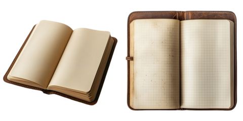 Open blank notebook with a brown cover, featuring empty pages isolated on a transparent background 