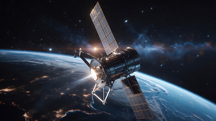 Obraz premium Photorealistic satellite orbits Earth with glowing lights below