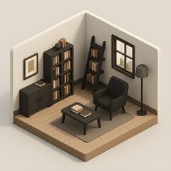 Reading Library Room - 3D Isometric Minimalism Interior