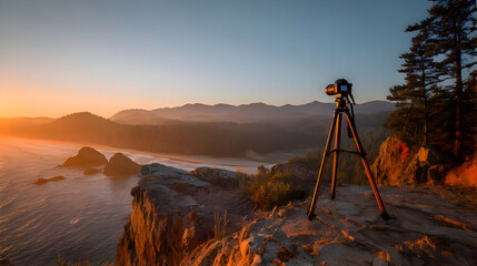 Naklejka premium camera on tripod at sunset