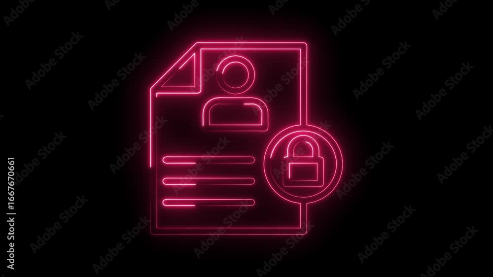 Poster glowing neon pink user profile document with lock icon animated on black background representing