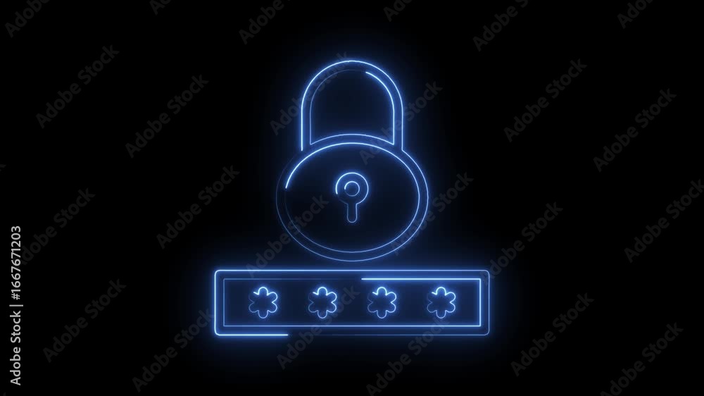 Poster glowing blue neon padlock and password input field with asterisks on a transparent black